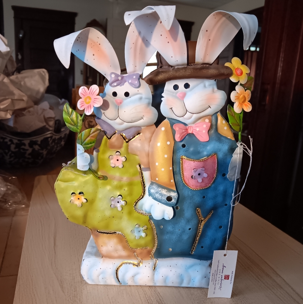 VINTAGE HOME INTERIOR METAL LUMINARY LANTERN EASTER BUNNY COUPLE CANDLE